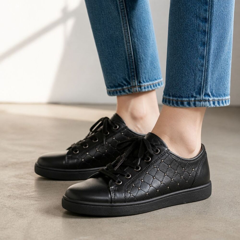 Hotter Brooke Black Leather Shoes Sneakers Womens 7.5 Low Top Lace Up England